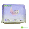 Un paquet de serviettes hygiéniques Angel Moon Night, dotées d'une technologie de noyau d'ions négatifs. L'emballage est violet avec un graphique en forme de croissant de lune et indique « 0,8 mm Ultra-Thin ». Le paquet contient 8 tampons. Le logo Pharmec est visible dans les coins supérieur gauche et inférieur droit.