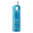Un flacon bleu de La Roche-Posay Effaclar Astringent Lotion Micro-Exfoliant Anti-Points Noirs, avec un bouchon et une étiquette blancs. Le flacon contient 200 ml (6,76 fl oz) de produit et comporte un texte en français et en anglais expliquant ses caractéristiques.
