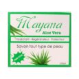 L’image montre l’emballage d’un pain de savon Mayana Aloe Vera vert et blanc. Le texte sur l'emballage indique « Hydratant - Régénérateur - Protecteur » et « Savon tout type de peau ». Son prix est de « 1 500 FCFA » et pèse « 225 grammes ». Un graphique de plante d’aloe vera est également représenté.