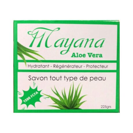 L’image montre l’emballage d’un pain de savon Mayana Aloe Vera vert et blanc. Le texte sur l'emballage indique « Hydratant - Régénérateur - Protecteur » et « Savon tout type de peau ». Son prix est de « 1 500 FCFA » et pèse « 225 grammes ». Un graphique de plante d’aloe vera est également représenté.