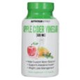 Une bouteille blanche et verte de complément alimentaire NutritionWorks Apple Cider Vinegar. L'étiquette comporte un texte indiquant « 500 mg » et des images d'une pomme, d'une bouteille en verre contenant du liquide et de feuilles vertes. Le supplément prétend soutenir l’équilibre hydrique, la santé intestinale et la gestion de la perte de poids. Contient 60 gélules.