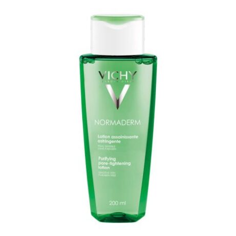 Un flacon vert de 200 ml de lotion purifiante raffermissante pour les pores Vichy Normaderm est présenté sur un fond blanc. La bouteille a un bouchon blanc et l'étiquette présente le nom de la marque et les détails du produit en texte blanc.