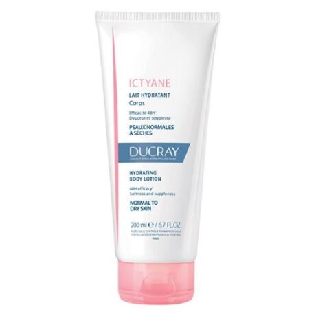 Un tube blanc et rose de 200 ml de Lait Hydratant Corps Ducray Ictyane, conçu pour les peaux normales à sèches. Le label met en avant son efficacité 48 heures et promet douceur et souplesse. Le texte est en français et en anglais.