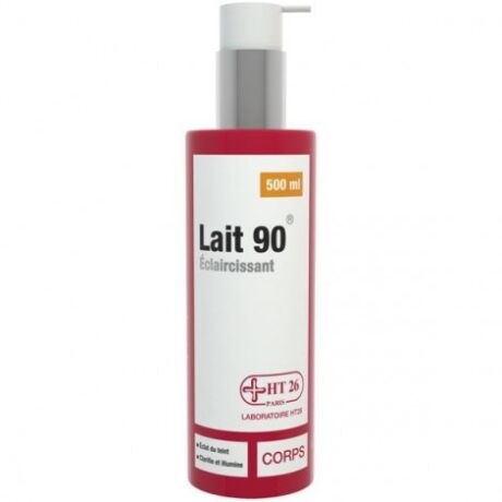 Un flacon rouge et blanc de lotion blanchissante "Lait 90 Éclaircissant", d'une contenance de 500 ml. L'étiquette comporte "HIT 26" et mentionne "Laboratoire HT26" à Paris. Le produit est marqué pour un usage corporel (« corps ») et note sa fonction d'éclaircissement et d'illumination de la peau.