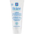 Un tube blanc de crème nourrissante et hydratante Biolane, 100 ml (3,3 fl. oz.), avec texte bilingue en français, anglais, espagnol et italien. Le produit est testé dermatologiquement et sans paraben. L'emballage a une palette de couleurs bleu et vert.
