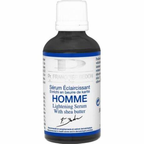 Une bouteille de Pr. Françoise Bedon sérum éclaircissant pour homme au beurre de karité. La bouteille a un bouchon blanc, une étiquette bleue et blanche et contient un texte en français et en anglais indiquant ses ingrédients et son utilisation.