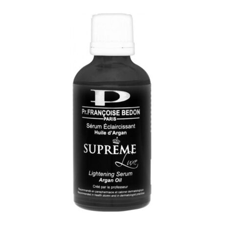 Un flacon noir étiqueté « Pr. Françoise Bedon Paris Sérum Éclaircissant Huile d’Argan SUPREME Luxe Lightening Serum Argan Oil ». Le texte sur le flacon indique qu’il est développé par un professeur et convient aux peaux foncées et abîmées. Le bonnet est blanc.