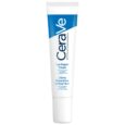 Un tube blanc de crème réparatrice pour les yeux CeraVe avec une étiquette bleue. Le produit prétend avoir été développé avec des dermatologues et contient des céramides essentiels et de l'acide hyaluronique. Le texte sur le tube est en anglais et en français. Le capuchon du tube est également blanc.