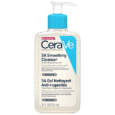 L'image montre une bouteille de 8 FL OZ (236 ml) de nettoyant lissant CeraVe SA. La bouteille en plastique blanche est dotée d'un distributeur à pompe bleu et contient des informations sur le produit en anglais et en français. Le nettoyant est décrit comme sans parfum et destiné aux peaux sèches, rugueuses et bosselées.