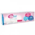 Une boîte rectangulaire de tests de grossesse ElleTest. La boîte présente un design rose et blanc, affichant le nom et la description du produit en français. Il indique que le test est rapide, clair et fiable à plus de 99 %. Un échantillon de bâtonnet de test est présenté sur le côté gauche de la boîte.