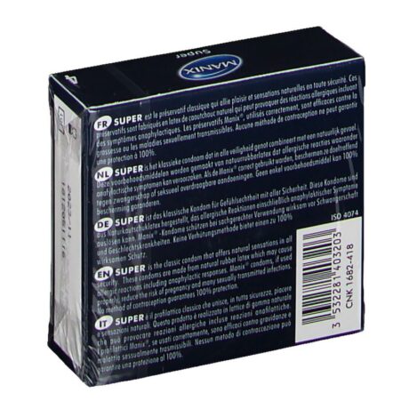 Une boîte de préservatifs Manix avec au dos un texte multilingue indiquant les informations sur le produit et les instructions d'utilisation en français, néerlandais, allemand, anglais et italien. L’arrière-plan de la boîte est principalement noir, avec du texte blanc et un code-barres en bas à droite.