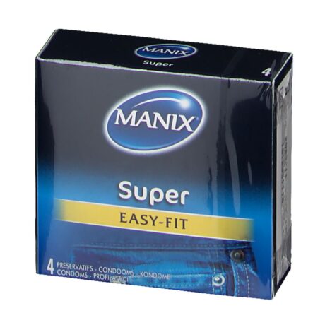 Une boîte de préservatifs Manix Super Easy-Fit, contenant quatre préservatifs. L'emballage est majoritairement noir avec des accents bleus, avec le logo Manix en haut et une image ressemblant à un jean en denim sur la partie inférieure.