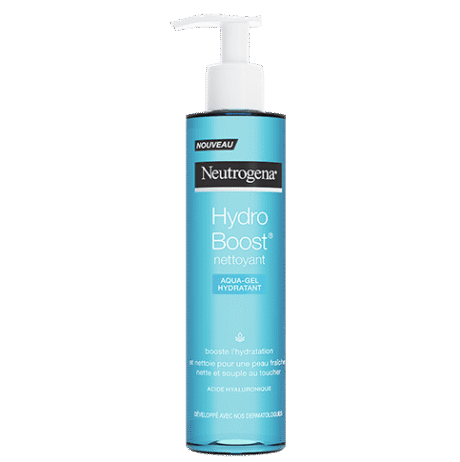 Neutrogena Hydro Boost nettoyant Aqua-Gel Hydratant, dans un flacon pompe bleu avec un bouchon blanc, présenté sur fond transparent. Le texte sur le flacon est en français et en anglais, mettant en valeur les propriétés hydratantes et nettoyantes de l'acide hyaluronique.