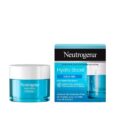 Un produit de soin Neutrogena Hydro Boost Aqua-Gel bleu et blanc. Le produit comprend un petit contenant et sa boîte correspondante, affichant tous deux un texte en français et en anglais indiquant qu'il convient à tous les types de peau et contient de l'acide hyaluronique et du tréhalose botanique.