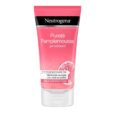 Un tube rouge-rose de gel exfoliant "Pureté Pamplemousse" de Neutrogena. L'emballage présente une tranche graphique de pamplemousse et un texte en français détaillant ses bienfaits en matière de nettoyage des pores et de purification de la peau. C'est un produit de soin pour gérer les imperfections cutanées.
