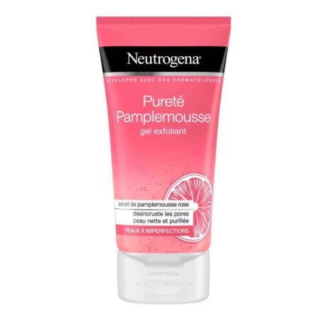 Un tube rouge-rose de gel exfoliant "Pureté Pamplemousse" de Neutrogena. L'emballage présente une tranche graphique de pamplemousse et un texte en français détaillant ses bienfaits en matière de nettoyage des pores et de purification de la peau. C'est un produit de soin pour gérer les imperfections cutanées.