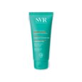 Un tube turquoise de Soin Hydratant & Réparateur Apaisant Sécurisé Après-Soleil SVR Laboratoires Dermatologiques. Le produit est spécifié pour les peaux sensibles et contient du texte en français et en anglais. Le tube comporte un capuchon rabattable et comprend une étiquette indiquant un emballage écologique.