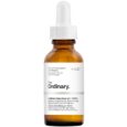 Un flacon compte-gouttes en verre marron avec une étiquette blanche et un bouchon compte-gouttes. L'étiquette indique « The Ordinary » et ci-dessous « Solution de caféine 5 % + EGCG – Réduit l'apparence de la pigmentation du contour des yeux et des poches ». La bouteille mesure environ 1 oz ou 30 ml.