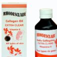 Un flacon d'Huile de Collagène RHODESCLAIR Extra Claire Vitamine E accompagné de sa boîte d'emballage. La bouteille a une base noire avec un bouchon blanc et une étiquette orange comportant du texte et des graphiques. La boîte comporte des textes et des éléments de conception similaires soulignant son utilité pour tous les types de peau.