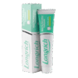 Une boîte et un tube blancs et verts étiquetés « Longrich ». Le tube est placé devant la boîte et comporte le texte « Dentifrice multi-effets au thé blanc ». L'emballage est principalement vert clair et blanc, avec quelques détails argentés.