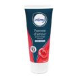 Un tube de gel de massage douceur Intimy Pomme d'amour au design bleu foncé et rouge. Le tube porte un badge "Fabriqué en France" et présente un graphisme cerise. Le texte indique "Plaisirs Sensuels" et "usage externe".
