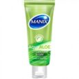 Un tube vert de gel lubrifiant Manix Aqua Aloe avec un logo bleu en haut. Le texte sur le tube indique « Sans Paraben, Aqua Aloe, Gel Lubrifiant Sensitif, Extrait d'Aloe Vera ». Le tube a un capuchon transparent.
