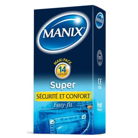 Un paquet bleu et jaune de préservatifs Manix Super. La boîte est labellisée « MAXI PACK, 14 Preservatifs » et « Sécurité et Confort ». Le bas de l'emballage montre une image de jeans bleus. Les marquages « CE », « 0086 » et « Ansell Protects » sont également visibles.