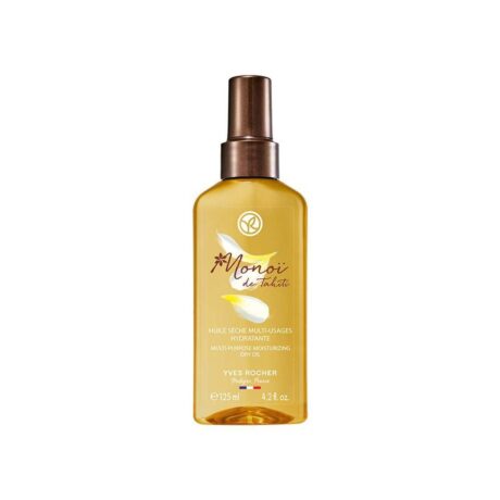 Un flacon pulvérisateur de 125 ml d'huile sèche hydratante multi-usages au Monoï de Tahiti Yves Rocher avec un capuchon marron et une étiquette jaune comportant le nom du produit. Le flacon est conçu dans une teinte dorée.
