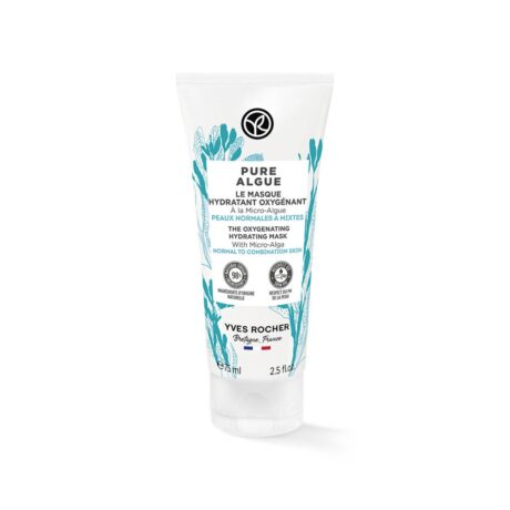 Un tube blanc de masque hydratant Pure Algue Yves Rocher est présenté sur un fond blanc uni. Le tube présente des graphiques d'algues bleues et vertes et du texte noir détaillant les avantages et l'utilisation du produit. Il est marqué pour les peaux normales à mixtes.