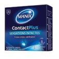 Une boîte bleue et noire de préservatifs Manix Contact Plus. Le texte sur le devant indique « Sensations Intactes », « Finesse & Extra Lubrification », « 3 Conservateurs – Préservatifs – Kondome – Profilactici » et « 100 % testé électroniquement ». Le texte latéral comprend des informations sur le produit.