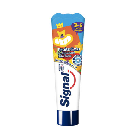Un tube de dentifrice Signal pour les enfants de 3 à 6 ans, à la saveur fruitée Fruits Golo. L'emballage est coloré avec un lion de dessin animé portant une couronne et tenant une brosse à dents. Le tube comporte le logo Signal bien en évidence en bas.