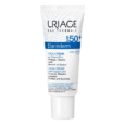 Un tube blanc étiqueté « Uriage Eau Thermale Bariéderm Cica-Cream SPF 50+ » avec texte bleu et noir. Il mentionne des propriétés de protection, de réparation et d'apaisement du cuivre-zinc, des UVB + UVA. Convient aux peaux fragilisées du visage, du corps, des mains et du contour des yeux.