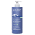 Un flacon de 500 ml de crème nettoyante Uriage Bébé Eau Thermale avec un distributeur à pompe. L'étiquette bleue comporte du texte blanc et une icône de bébé. Le produit prétend être à 92% d’origine naturelle. L'étiquette comprend des informations en français et en anglais.