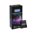 Une boîte noire et violette de préservatifs Durex Orgasm'Intense se dresse sur un fond blanc. Le coffret présente le logo de la marque et les détails du produit en français. À côté de la boîte, un seul paquet de préservatifs Durex est affiché.