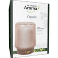 Emballage de Le comptoir Aroma Opale, un diffuseur d'huiles essentielles. La boîte montre une image du diffuseur, qui possède un couvercle en verre texturé et une base en bois avec un bouton de commande. Les principales caractéristiques répertoriées en français incluent la diffusion du froid, un fonctionnement silencieux et une luminosité réglable.