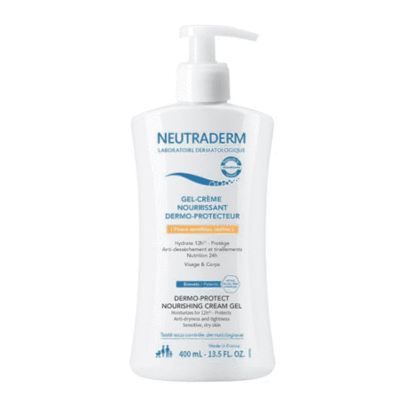 Un flacon bleu de Gel Crème Nourrissant Dermo-Protecteur Neutraderm avec un distributeur à pompe. L'étiquette comporte un texte blanc et orange indiquant les propriétés hydratantes du produit, adapté aux peaux sèches et sensibles. Contient de la vitamine E et de la provitamine B5. 400 ml.