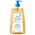 Un flacon pompe de Gel Douche Extra-Riche Neutraderm Dermo-Protect, format 1L. Le flacon est transparent, contient un gel de couleur ambrée et possède une pompe bleue. L'étiquette comprend des informations sur le produit en français et en anglais et souligne son adéquation aux peaux sensibles et sèches.
