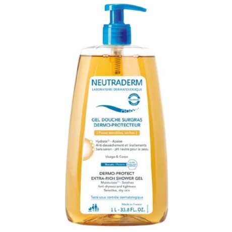 Un flacon pompe de Gel Douche Extra-Riche Neutraderm Dermo-Protect, format 1L. Le flacon est transparent, contient un gel de couleur ambrée et possède une pompe bleue. L'étiquette comprend des informations sur le produit en français et en anglais et souligne son adéquation aux peaux sensibles et sèches.