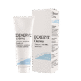Un tube blanc avec une bande bleu clair étiqueté « DEXERYL crème - Glycérine, Vaseline, Paraffinol » est positionné à côté d'une boîte blanche assortie. Les deux sont marqués d’une étiquette de 250 g.