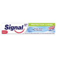Un emballage de dentifrice indique « Signal Protection Caries ». La boîte présente un design en forme de bouclier bleu avec « Fluor Actif & Calcium » et un graphique représentant une brosse à dents avec du dentifrice. Le texte français indique une nouvelle formule et une protection longue durée des caries contre les sucres cachés.