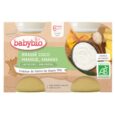 Emballage de purée Babybio à base de lait de coco, aux arômes de mangue et d'ananas. Le label souligne qu'il convient aux bébés à partir de 6 mois, ne contient ni sucre ni gluten ajoutés et est biologique (certifié Agriculture Biologique). Fabriqué en France.