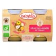 Un pack de nourriture biologique pour bébé Babybio labellisée "Délice des Vergers de France" pour les bébés à partir de 6 mois. L'emballage présente des images de divers fruits et des logos de certification indiquant qu'ils sont biologiques et fabriqués en France. Deux pots sont visibles à travers la fenêtre d'emballage.