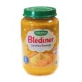 Un pot de nourriture pour bébé Blédina Blédîner Carottes Semoule avec un couvercle vert. L'étiquette montre une image de carottes et de semoule. L'emballage indique qu'il convient aux bébés âgés de 6 mois et plus.
