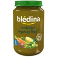Un pot de nourriture pour bébé Blédina labellisé "Jardinière de légumes Bœuf" avec des illustrations de légumes et de bœuf. Le contenu du pot est destiné aux bébés âgés de 6 mois et plus et est décrit comme 100 % naturel. Le pot a un couvercle vert.