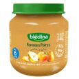 Un pot de nourriture pour bébé Blédina avec un couvercle vert. L'étiquette indique « Pommes Poires » et présente des images de pommes et de poires. Il précise qu'il convient aux bébés à partir de 6 mois et contient 130 g de purée de fruits. Le texte est en français et en arabe.