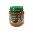 Un pot de nourriture pour bébé Blédina, labellisé "Pommes Pruneaux". Le pot a un couvercle vert et une étiquette indiquant que le contenu est 100 % fruit, convient à partir de 6 mois et pèse 130 g. La date de péremption sur le couvercle indique « 08/05/2022.
