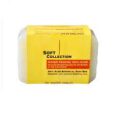 Un pain de savon rectangulaire est emballé dans un emballage jaune étiqueté « Soft Collection ». Le texte sur l'emballage le décrit comme « Barre de savon botanique anti-acné » aux huiles essentielles de romarin et de lavande. L'emballage comporte également le nom "Dr Marie Diallo".