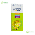 Une boîte jaune et verte intitulée « Juvamine Appetite & Tonus » est affichée. Elle favorise la prise de poids, stimule l’appétit et facilite la digestion. La boîte indique qu'il s'agit d'un sirop aromatisé multi-fruits de 200 ml adapté aux enfants et aux adultes et contenant du fenugrec.