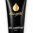 Un tube noir avec un graphique en forme de goutte dorée et le texte « Kiss Gold » bien en évidence. En dessous, il est écrit « Gel Lubrifiant » et indique le volume comme 75 ml. L'emballage est élégant et minimaliste.