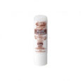 Image d'un tube de baume à lèvres cylindrique blanc avec du texte et des éléments de conception marron. L'étiquette indique "MKL Baume à Lèvres" et "BIO" avec d'autres détails comme "COSMOS ORGANIC" et "100% d'origine naturelle". Le produit est fabriqué en France.